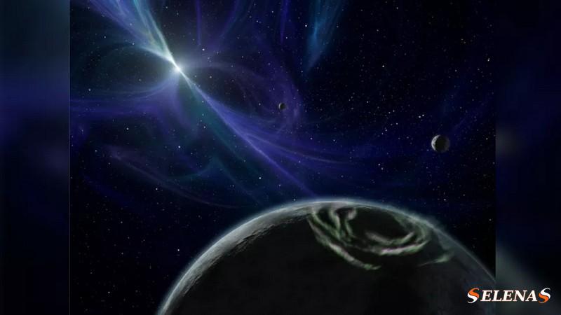 Иллюстрация двойного пульсара PSR B1257+12, являющегося хозяином первых когда-либо обнаруженных экзопланет