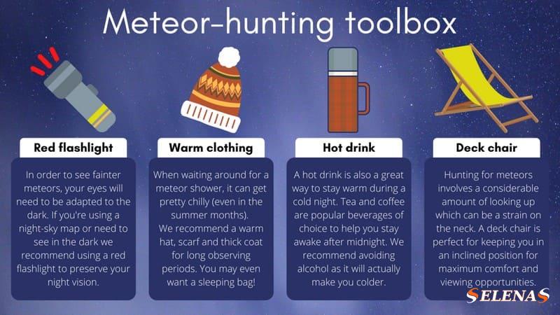 Графика с красным фонариком, теплой одеждой, горячим напитком и шезлонгом — всеми удобными предметами для ночной охоты на метеориты.