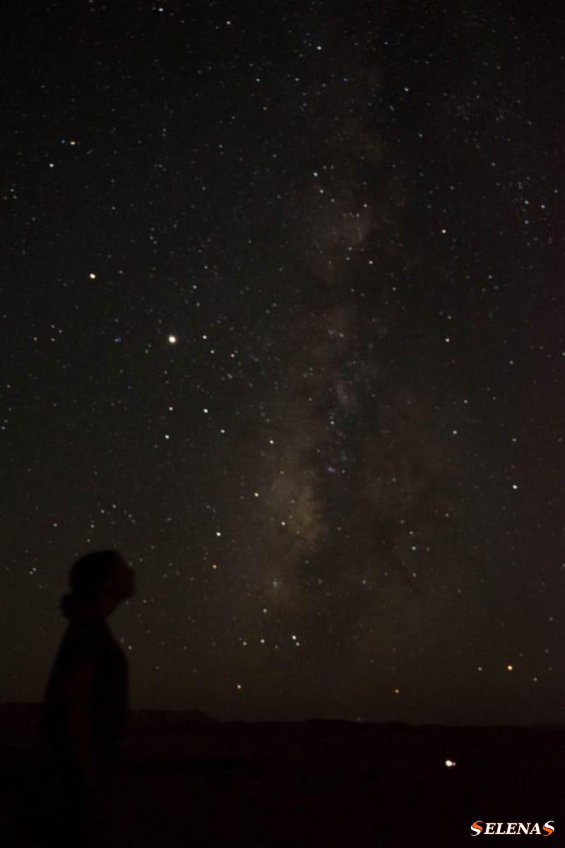 Вид сбоку на летний Млечный Путь в виде вертикальной бледной нечеткой полосы темной ночью с рассеянными звездами.