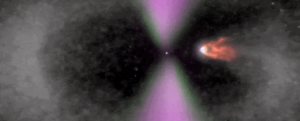 анимация вращения пульсара, лучи которого охватывают поле зрения.  Лучи пересекаются с находящимся на орбите планетоподобным объектом, в результате чего он загорается, медленно испаряясь, оставляя за собой след из обломков.