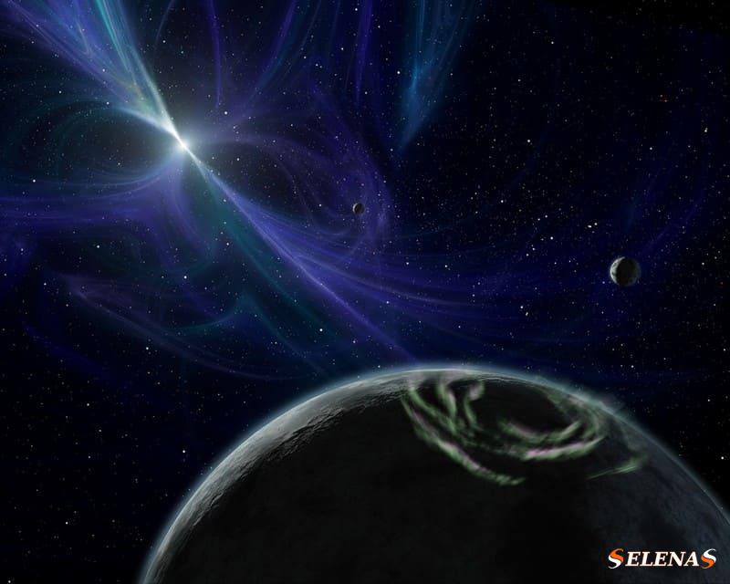 изображение яркой небольшой световой сферы с двумя большими энергетическими лучами, исходящими из нее и следующими за линиями магнитного поля.  На переднем плане вращаются три каменистых мира.