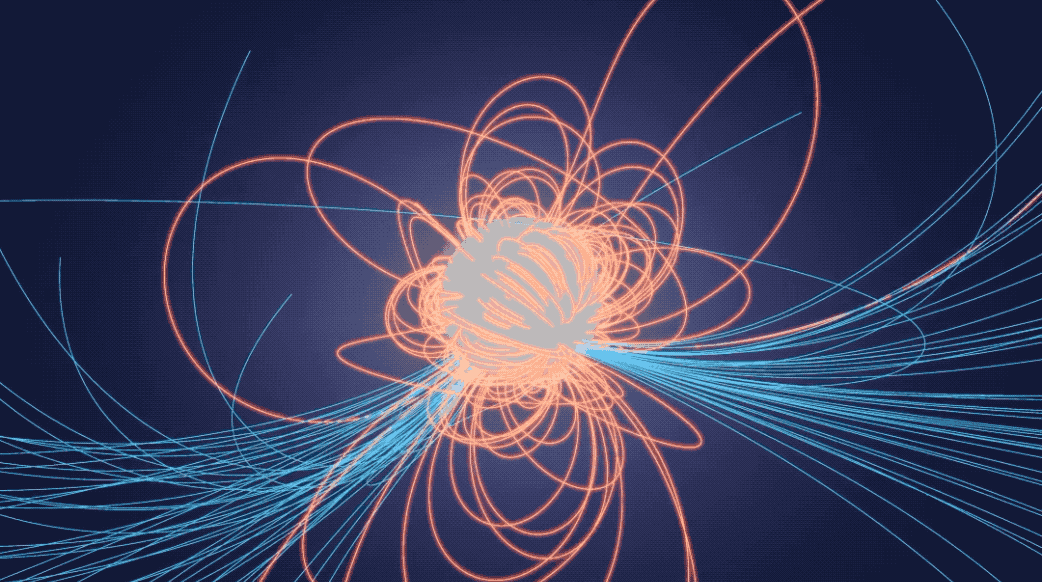 Анимация вращения пульсара с линиями магнитного поля, выходящими из пульсара.