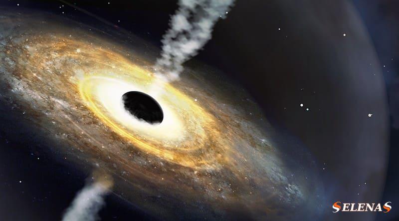 Вращающийся диск с большим черным шаром в центре и струями, исходящими от обоих полюсов черного шара.