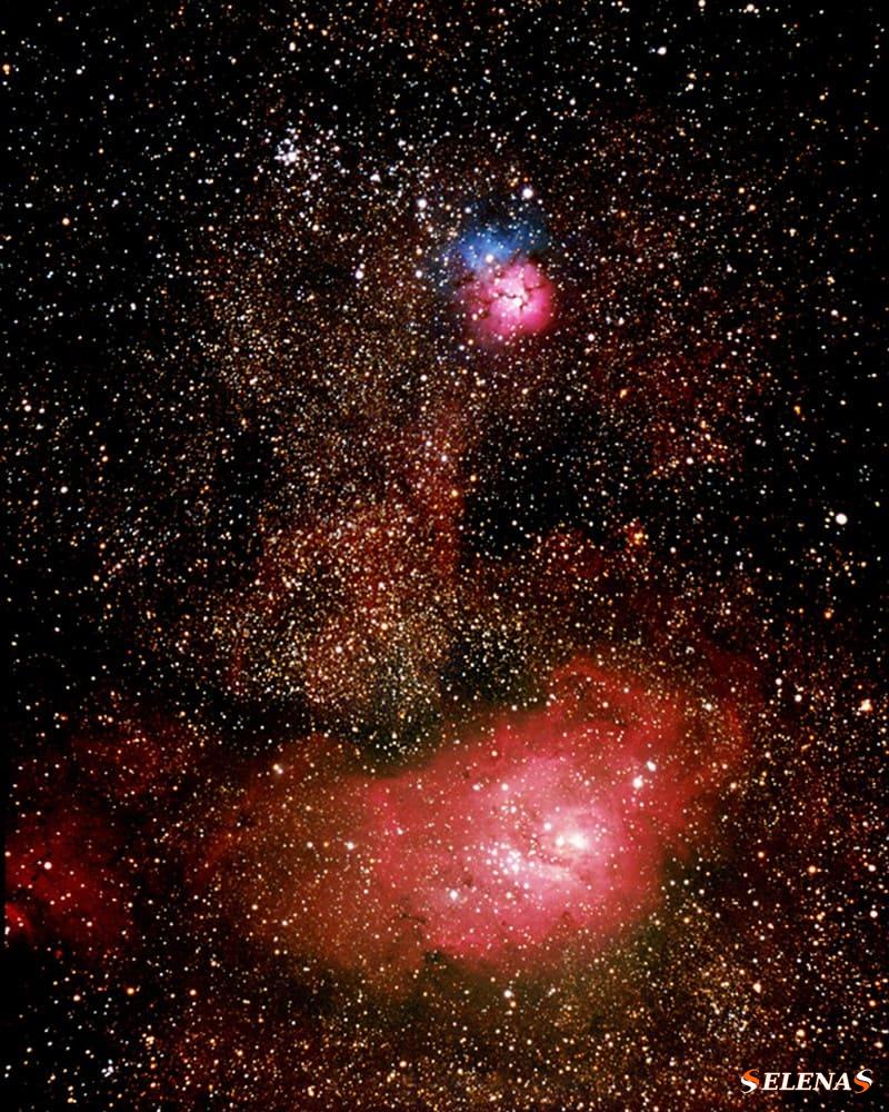 Трехраздельная туманность (Мессье 20) и туманность Лагуна (Мессье 8)