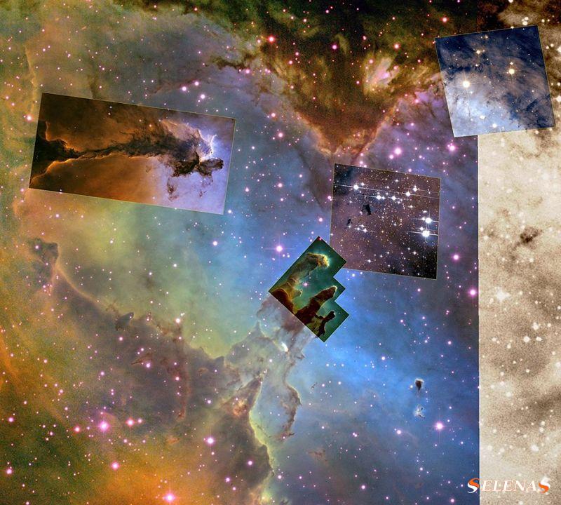 Четыре изображения туманности Орел, сделанные Хабблом.