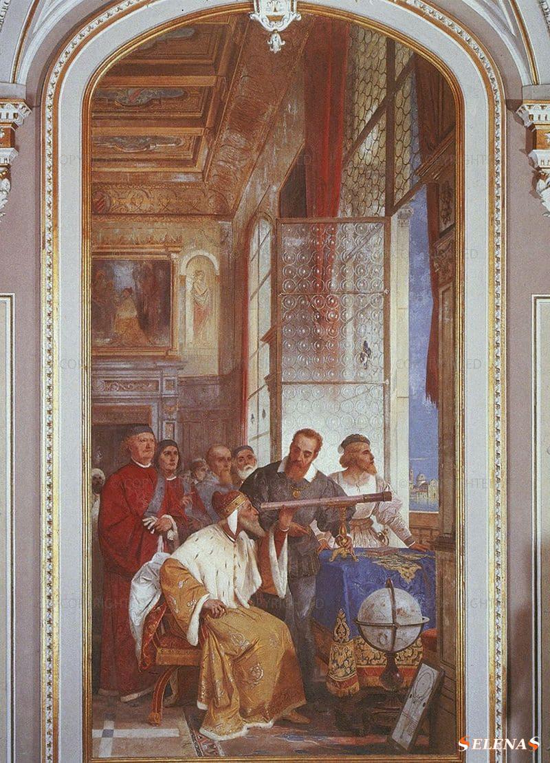 Фреска Джузеппе Бертини (Giuseppe Bertini), изображающая Галилея, показывающего венецианскому дожу, как пользоваться телескопом.